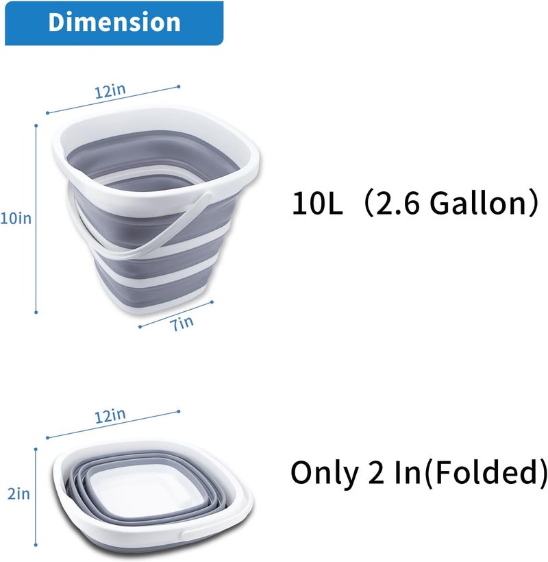 Craftend Collapsible Bucket 10L 2.6 Gallon Cleaning Bucket Mop Bucket Folding Foldable Portable Small Plastic Water Supplies for Outdoor Garden Camping Fishing Car Wash Space Saving Grey Square - Image 2